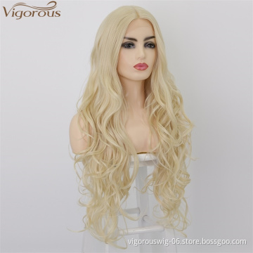 Vigorous High Quality Lace Front Wigs Long Wavy Synthetic Wigs Middle Part 613 Blonde Wigs Heat Resistant Fiber Wholesale Price